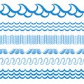 Sea Water Waves Vector Seamless Borders, Aqua Elements or Tide Lines Royalty Free Stock Photo