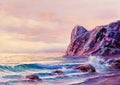 Sea wave on the beach at sunset time  sun rays  painting by oil on canvas Royalty Free Stock Photo