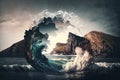 sea wave breaking against coastal hill romantic double exposure