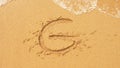 The sea wave erases the inscriptions written on the sand. top view. the letter g