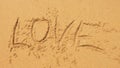 The sea wave erases the inscriptions written on the sand. top view. word love