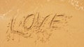 The sea wave erases the inscriptions written on the sand. top view. word love