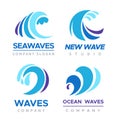 Sea wave logo. Ocean storm. Tide splashes. Blue water swirl company emblem for branding. Aqua motion signs. Business