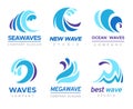 Sea wave logo. Ocean storm tide waves wavy river blue water splash design emblems labels vector isolated collection