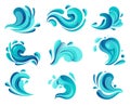 Sea wave or ocean tidal gale, river water icons