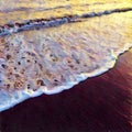 Sea wave over sand beach digital illustration. Sunset at seaside.