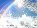 sea wave . summer blue sky white clouds and rainbow play with sunlight reflection nature background Nature Sea skyline panoramic Royalty Free Stock Photo