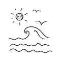 Sea with wave and sun. Flying seagulls. Drawing of a child. Doodle sketch isolated on white background. Hand drawn illustration Royalty Free Stock Photo