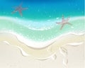 Sea wave on a tropical beach. Footprints on sand. Starfishes in