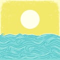 Sea waves abstract poster. Vector vintage seascape horizone. Sea minimalist modern line art blue vintage landscape illustration on