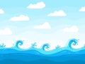 Sea waves background. Ocean wave pattern, water surface or beach landscape. Cartoon sky white clouds, blue splashes Royalty Free Stock Photo