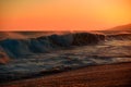 Sea waves background. Sunset over sea with golden dramatic sky panorama. Calm sea with sunset sky. Ocean and sky Royalty Free Stock Photo