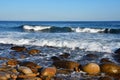 Sea waves in the bay of Akhlestyshev of the coast of the island Russian. Russia, Vladivostok