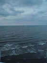 Sea waves on cloudy sky with ships