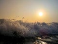 Sea waves crashing against the rocks, at sunset. Royalty Free Stock Photo