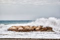 Sea waves crashing strongly against a breakwater near the shore of the beach Royalty Free Stock Photo