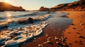 The sea with waves, gently caressing the shore in the warm light of the morning sun, like an invi Royalty Free Stock Photo