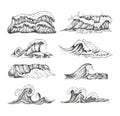 Sea waves handdrawn sketch set. Sketch ocean waves collection.