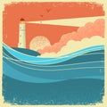 Sea waves with lighthouse.Vintage nature poster of seascape