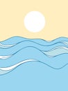 Sea waves poster. Vector vintage seascape horizone. Sea minimalist modern line art blue landscape illustration background