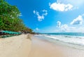 Sea waves on sand beach water and coast seascape - View of beautiful tropical landscape beach sea island with ocean blue sky and Royalty Free Stock Photo