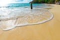 Sea waves on sand beach water and coast seascape - View of beautiful tropical landscape beach sea island with ocean blue sky and Royalty Free Stock Photo