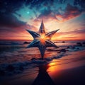 sunset on the seashore with a large shell in the form of a star.
