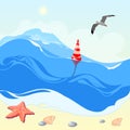 Sea waves with a striped buoy and a flying seagull against the background of clouds under the bright sun. On the beach, a starfish