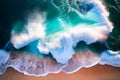 Sea waves, top view. Seashore sea waves, bright beach. Wave at beach. Splashing Waves