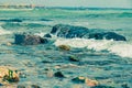 sea waves washed stones wide angle landscape