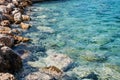 Sea waves with white foam splash on rough rocks at empty rocky beach. Summer sunny day Royalty Free Stock Photo