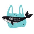 Sea whale swims in plastic bag. Stop ocean pollution. Environment protection