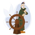 Sea wolf with pipe. Old captain of ship at wheel. Illustration for internet and mobile website Royalty Free Stock Photo