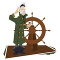 Sea wolf with pipe. Old captain of ship at wheel. Illustration for internet and mobile website Royalty Free Stock Photo