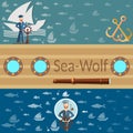 Sea wolf, sea and ocean,sailor and ships, banners Royalty Free Stock Photo