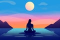 person woman exercise training ocean relaxation lotus sea meditation yoga back. Generative AI.
