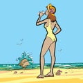 Sea, woman in swimsuit drinking water Royalty Free Stock Photo