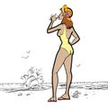 Sea, woman in swimsuit drinking water Royalty Free Stock Photo