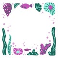 Sea world hand drawn illustration. Square frame of nautical elements, copy space. Cartoon ocean plants, fish, shell. Flat vector, Royalty Free Stock Photo