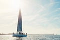 Sea, yacht and sailing on the ocean on vacation by summer sunshine on water. Lens flare, holiday adventure and boat