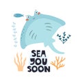 Sea you soon. cartoon stingray, hand drawing lettering. colorful vector illustration, flat style.