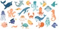 Fish and wild marine animals big collection. Set with hand drawn sea life elements. Royalty Free Stock Photo