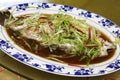 Seabass fish steamed with soy sauce