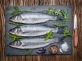 Seabass on a graphite board with spices and herbs. Royalty Free Stock Photo
