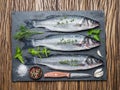 Seabass on a graphite board with spices and herbs. Royalty Free Stock Photo