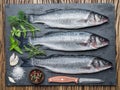 Seabass on a graphite board with spices and herbs. Royalty Free Stock Photo