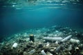 seabed cluttered with plastic bottles, emphasizing pollution