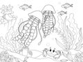 Seabed, marine animals. The jellyfish swims among algae and other fish. Coloring book, raster children. Royalty Free Stock Photo