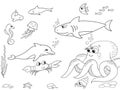 Seabed with marine animals object. Vector coloring for kids, cartoon.