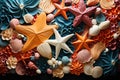 Seabed with starfish, shells, tubefish. Marine decorative set. Underwater ecosystem, aquatic natural creatures